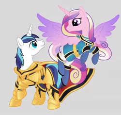 Size: 1024x969 | Tagged: safe, artist:w00tnewt, derpibooru import, princess cadance, shining armor, alicorn, pony, unicorn, blue ranger, clothes, cosplay, costume, female, gold ranger, magishine, mahou sentai magiranger, male, power rangers, power rangers mystic force, shiningcadance, shipping, solaris knight, straight, super sentai