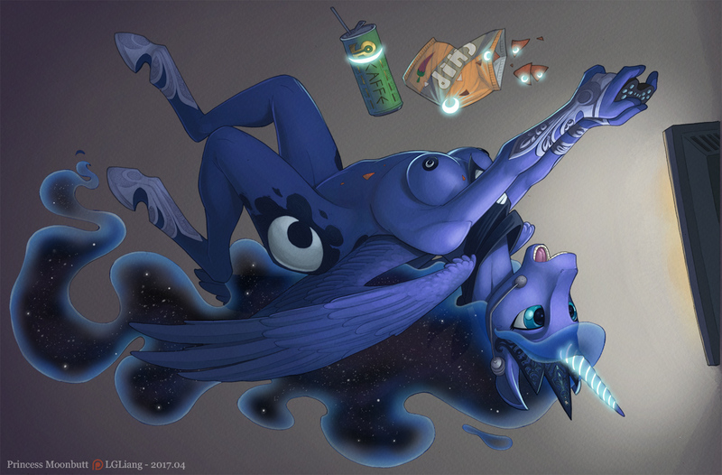 Size: 1280x842 | Tagged: alicorn, anthro, artist:loupgarou, bandana, breasts, casual nudity, chips, controller, derpibooru import, energy drink, female, food, gamer luna, glowing horn, headset, hoers, jewelry, magic, mare, moon nipple, nipples, nudity, open mouth, princess luna, questionable, regalia, solo, solo female, telekinesis, unguligrade anthro, upside down