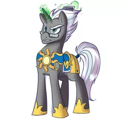 Size: 750x750 | Tagged: safe, artist:dinkelion, derpibooru import, oc, oc:scope, oc:sunflare, pony, unicorn, armor, comb, glasses, magic, male, royal guard, simple background, solo, stallion, white background