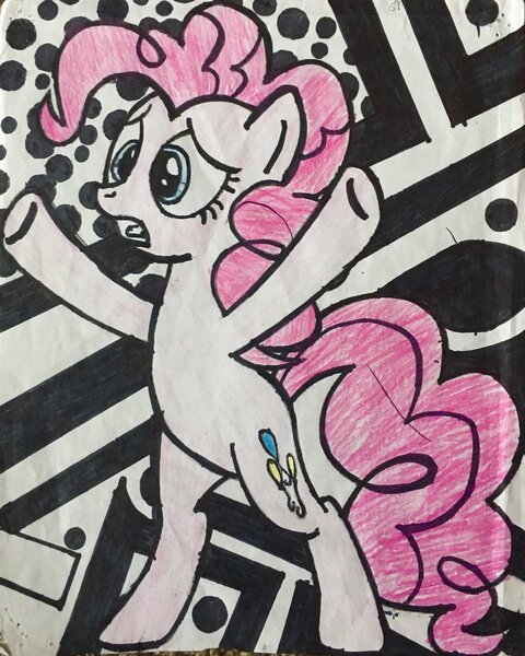 Size: 1024x1281 | Tagged: safe, artist:project-parallel, derpibooru import, pinkie pie, pony, abstract background, solo, traditional art