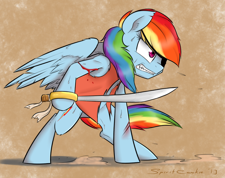 Size: 1000x793 | Tagged: semi-grimdark, artist:spiritcookie, derpibooru import, rainbow dash, pony, blood, gritted teeth, injured, pirate, pirate dash, solo, sweat, sword, weapon