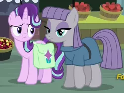 Size: 1328x997 | Tagged: safe, derpibooru import, screencap, maud pie, starlight glimmer, pony, rock solid friendship, apple, cherry, cropped, discovery family logo, food, fruit, saddle bag