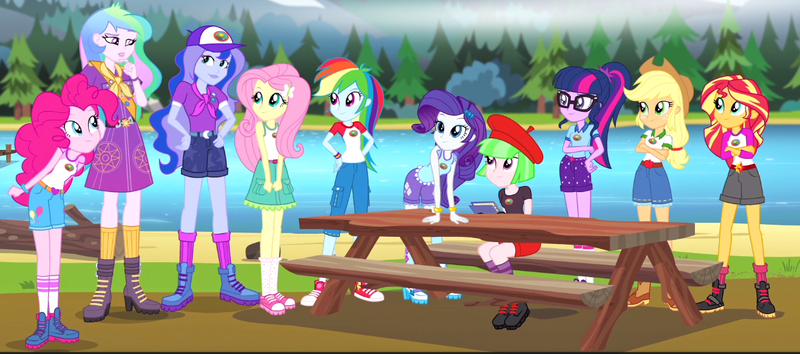 Size: 1324x586 | Tagged: safe, derpibooru import, screencap, applejack, fluttershy, pinkie pie, princess celestia, princess luna, rainbow dash, rarity, sci-twi, sunset shimmer, twilight sparkle, watermelody, equestria girls, legend of everfree, balloon, boots, bracelet, camp everfree outfits, cap, clothes, converse, cowboy boots, crescent moon, cutie mark on clothes, hand on hip, hat, heart, humane five, humane seven, humane six, jeans, jewelry, log, moon, mountain, pants, principal celestia, river, sash, shoes, shorts, sneakers, socks, sun, table, tree, vice principal luna, wristband