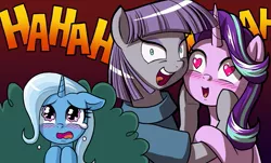 Size: 777x468 | Tagged: safe, artist:uotapo, derpibooru import, edit, maud pie, starlight glimmer, trixie, earth pony, pony, unicorn, rock solid friendship, comic, cropped, crying, cute, evil laugh, exploitable meme, facehoof, female, glimmerbetes, heart eyes, jealous, lesbian, mare, meme, open mouth, rivalry, shipping, smiling, starmaud, waifu thief, when she smiles, wingding eyes