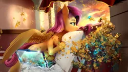 Size: 1920x1080 | Tagged: safe, artist:discordthege, derpibooru import, fluttershy, butterfly, pegasus, pony, cloud, computer, cute, female, flower, futuristic, laptop computer, leaf, mare, shyabetes, sky, smiling, solo, sunset