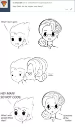 Size: 1142x1920 | Tagged: suggestive, artist:askflashsentryandprincipalcinch, derpibooru import, flash sentry, principal abacus cinch, equestria girls, age difference, angry, ask, blushing, cinchsentry, comic, cougar, crack shipping, female, male, monochrome, shipping, simple background, straight, tumblr, white background