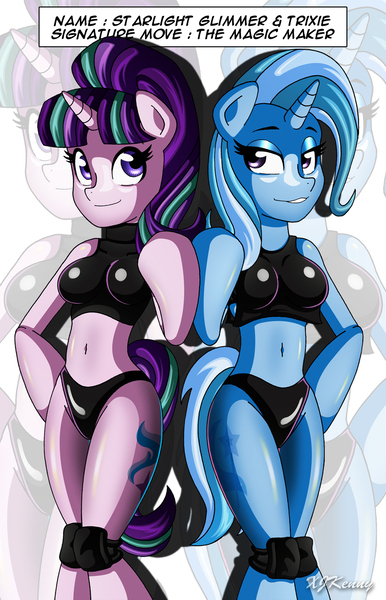 Size: 1000x1556 | Tagged: anthro, arm hooves, artist:xjkenny, belly button, breasts, clothes, derpibooru import, duo, duo female, elbow pads, female, knee pads, mare, smiling, starlight glimmer, suggestive, trixie, unguligrade anthro, wrestler, wrestling, zoom layer