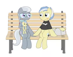 Size: 2800x2200 | Tagged: safe, artist:pvryohei, derpibooru import, silver spoon, strike, pony, bench, blushing, colt, cute, female, filly, male, plushie, shipping, silverstrike, simple background, smiling, straight, white background