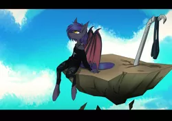 Size: 2894x2039 | Tagged: safe, artist:lonerdemiurge_nail, derpibooru import, oc, oc:dawn sentry, unofficial characters only, anthro, bat pony, unguligrade anthro, female, goth, mare, sitting, solo