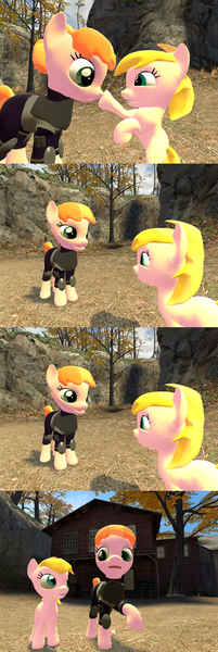 Size: 1400x4184 | Tagged: safe, artist:soad24k, derpibooru import, oc, oc:chipper leaf, oc:copper, unofficial characters only, pony, 3d, absurd resolution, boop, cyoa, cyoa:filly adventure, female, filly, gmod, mare