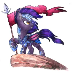 Size: 1087x1094 | Tagged: safe, artist:red-watercolor, derpibooru import, oc, oc:dawn sentry, unofficial characters only, bat pony, pony, armor, female, flower, guardsmare, mare, royal guard, solo, spear, traditional art, watercolor painting, weapon