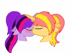 Size: 2048x1536 | Tagged: safe, artist:diamondswirl14, derpibooru import, sunset shimmer, twilight sparkle, twilight sparkle (alicorn), alicorn, pony, alternate hairstyle, blush sticker, blushing, cute, eyes closed, female, lesbian, mare, nose kiss, shimmerbetes, shipping, simple background, sunsetsparkle, twiabetes, white background