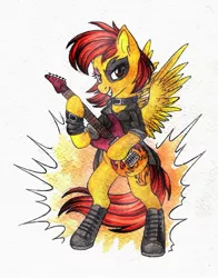 Size: 1066x1357 | Tagged: safe, artist:red-watercolor, derpibooru import, oc, oc:firetale, unofficial characters only, pegasus, pony, bipedal, boots, clothes, female, flower, guitar, jacket, leather jacket, makeup, mare, rocker, solo, traditional art, watercolor painting
