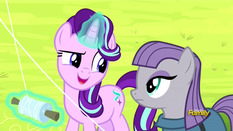 Size: 2560x1440 | Tagged: safe, derpibooru import, screencap, maud pie, starlight glimmer, pony, rock solid friendship, discovery family logo, kite, levitation, magic, raised eyebrow, telekinesis