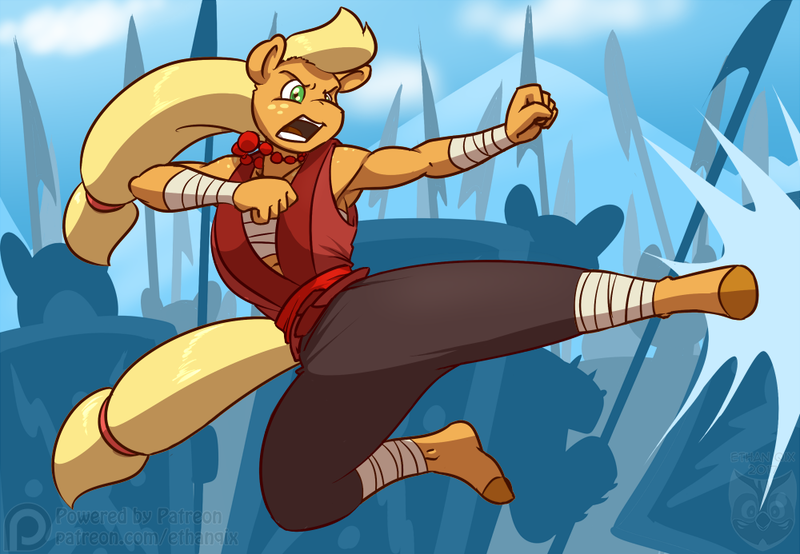 Size: 1000x693 | Tagged: safe, artist:ethanqix, derpibooru import, applejack, anthro, earth pony, unguligrade anthro, armpits, clothes, dungeons and dragons, female, fight, hatless, hoof feet, kicking, mare, martial arts, missing accessory, monk, muscles, solo, warrior monk