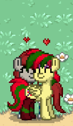 Size: 256x439 | Tagged: safe, artist:lullabytrace, derpibooru import, oc, oc:attraction, oc:ponepony, unofficial characters only, pony, pony town, animated, attypone, blushing, cuddling, cute, gif, heart, kissing, pixel animation, pixel art