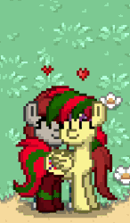 Size: 256x439 | Tagged: safe, artist:lullabytrace, derpibooru import, oc, oc:attraction, oc:ponepony, unofficial characters only, pony, pony town, animated, attypone, blushing, cuddling, cute, gif, heart, kissing, pixel animation, pixel art