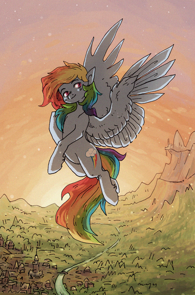 Size: 945x1427 | Tagged: safe, artist:koviry, derpibooru import, rainbow dash, pegasus, pony, backwards cutie mark, canterlot, commission, cute, dashabetes, female, flying, forest, mare, mountain, ponyville, scenery, smiling, solo, stars, sunset, twilight (astronomy)