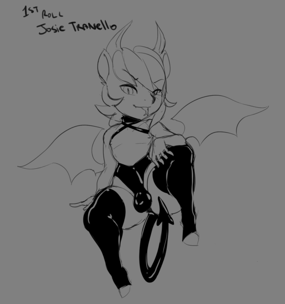 Size: 1242x1325 | Tagged: anthro, anthro oc, artist:theterriblecon, balls, bat wings, choker, clothes, crossdressing, crotch bulge, demon, derpibooru import, devil tail, femboy, harness, horns, incubus, latex, latex socks, male, monochrome, oc, oc:attraction, questionable, socks, solo, solo male, tack, thigh highs, trap, unguligrade anthro, unofficial characters only