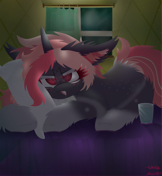 Size: 1924x2079 | Tagged: safe, artist:vanillaswirl6, derpibooru import, oc, oc:lillith, unofficial characters only, pony, unicorn, :p, :t, annoyed, art trade, bed, blank flank, blanket, bored, colored eyelashes, colored pupils, cup, curtain, drool, dust, ear fluff, female, floppy ears, freckles, glass, glass of water, hug, laying on bed, lidded eyes, mare, multicolored hair, photoshop, pillow, prone, rain, room, scrunchy face, slit eyes, solo, squishy cheeks, tongue out, unamused, wall, water