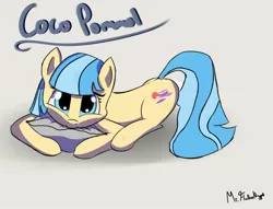 Size: 1769x1350 | Tagged: safe, artist:a8f12, derpibooru import, coco pommel, pony, adorable face, blue eyes, blue hair, cocobetes, cute, female, happy, hug, looking at you, lying down, mare, pillow, pillow hug, signature, simple background, solo, squished face