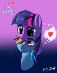 Size: 1321x1692 | Tagged: safe, artist:a8f12, derpibooru import, rainbow dash, twilight sparkle, pony, adorable face, affection, cute, female, heart, lesbian, magenta eyes, on top, purple eyes, purple mane, shipping, twidash