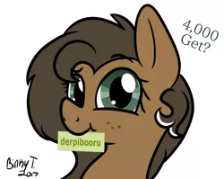 Size: 1310x1043 | Tagged: safe, artist:binkyt11, derpibooru import, oc, oc:duck badge, ponified, unofficial characters only, pony, derpibooru, bust, cute, derpibooru ponified, female, looking at you, mare, meta, milestone, mouth hold, nom, simple background, solo, white background