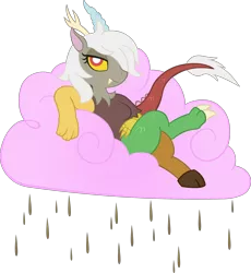 Size: 2765x3000 | Tagged: safe, artist:doctor-g, derpibooru import, discord, draconequus, chocolate, chocolate milk, chocolate rain, cloud, cotton candy, cotton candy cloud, eris, food, looking at you, milk, rain, reclining, rule 63, simple background, solo, transparent background, vector