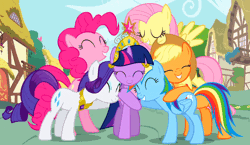 Size: 752x437 | Tagged: safe, derpibooru import, screencap, applejack, fluttershy, pinkie pie, rainbow dash, rarity, twilight sparkle, earth pony, pegasus, pony, unicorn, magical mystery cure, animated, big crown thingy, cropped, cuddling, cute, dashabetes, diapinkes, eyes closed, female, folded wings, gif, grin, gritted teeth, happy, hug, jackabetes, jewelry, loop, mane six, mare, nuzzling, open mouth, raised hoof, raribetes, regalia, shyabetes, smiling, snuggling, spread wings, twiabetes, wings