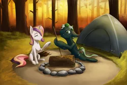 Size: 1800x1200 | Tagged: safe, artist:d-lowell, derpibooru import, oc, oc:ebony, oc:lilly, unofficial characters only, bat pony, pony, unicorn, camp, campfire, camping, commission, couple, duo, female, forest, male, mare, oc x oc, scenery, shipping, stallion, straight, tent