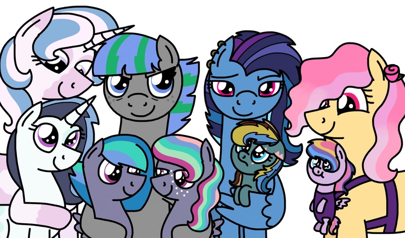 Size: 2048x1205 | Tagged: safe, artist:kindheart525, derpibooru import, oc, oc:primrose, oc:rainwater, oc:skydancer, oc:spectral rush, oc:starflower, oc:storm strike, oc:violet rosebud, oc:wind flash, oc:windchime, unofficial characters only, earth pony, pegasus, pony, unicorn, kindverse, baby, baby carrier, baby pony, flower, flower in hair, looking at each other, looking at you, offspring, offspring's offspring, parent:blossomforth, parent:cheese sandwich, parent:fancypants, parent:fleur-de-lis, parent:oc:arctic gust, parent:oc:deadlift, parent:oc:firework, parent:oc:lightning bolt, parent:oc:primrose, parent:oc:spectral rush, parent:oc:storm strike, parent:oc:violet rosebud, parent:pinkie pie, parent:rainbow dash, parent:soarin', parent:thunderlane, parents:blossomlane, parents:cheesepie, parents:fancyfleur, parents:oc x oc, parents:soarindash, simple background, vitiligo, white background