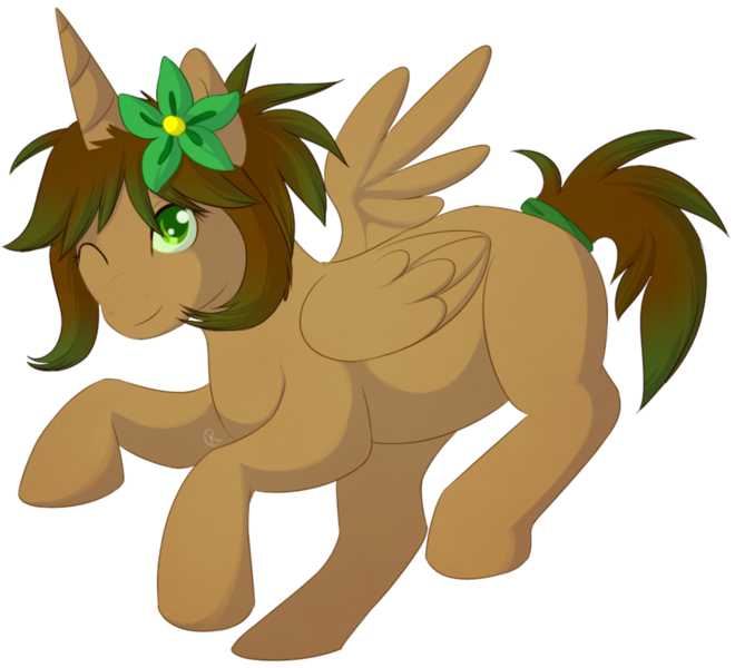 Size: 937x852 | Tagged: safe, artist:pridark, derpibooru import, oc, oc:princess silvanus, unofficial characters only, alicorn, pony, alicorn oc, flower, flower in hair, one eye closed, solo, wink