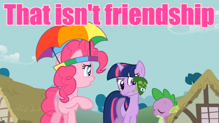 Size: 720x405 | Tagged: safe, derpibooru import, edit, edited screencap, screencap, pinkie pie, spike, twilight sparkle, dragon, earth pony, frog, pony, unicorn, feeling pinkie keen, female, hat, image macro, male, mare, meme, pink text, raised hoof, umbrella hat, unicorn twilight