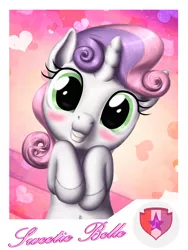 Size: 1200x1600 | Tagged: safe, artist:vasillium, derpibooru import, sweetie belle, pony, belly button, blushing, cute, diasweetes, grin, looking at you, smiling, solo, weapons-grade cute