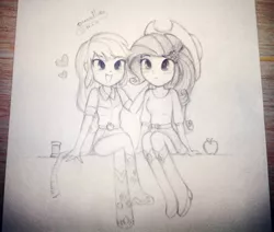 Size: 1280x1083 | Tagged: safe, artist:dressella, derpibooru import, applejack, rarity, equestria girls, clothes, couple, female, girlfriend, hat, heart, lesbian, lineart, love, measuring tape, pencil drawing, rarijack, shipping, sitting, smiling, thread, traditional art