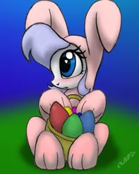 Size: 1200x1500 | Tagged: safe, artist:miniferu, derpibooru import, oc, oc:lucky duck, unofficial characters only, pony, animal costume, blushing, bunny costume, clothes, costume, easter bunny, female, heart eyes, sitting, solo, wingding eyes