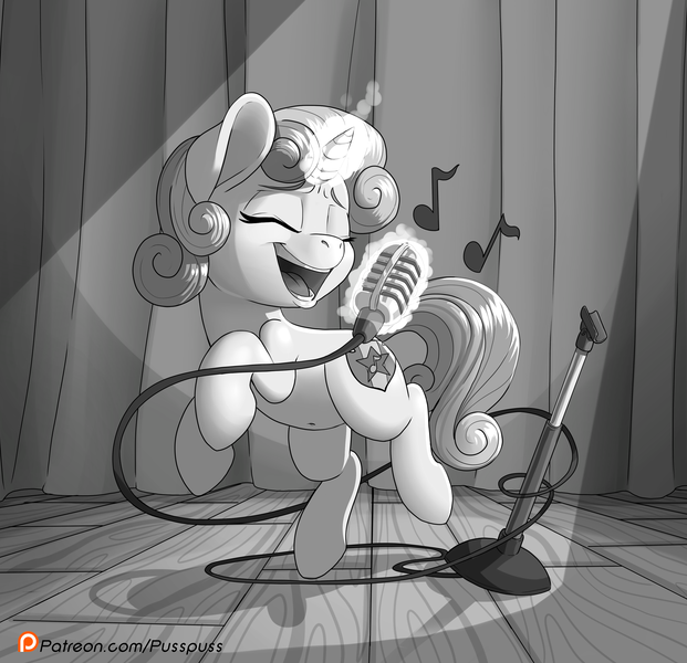 Size: 2941x2841 | Tagged: safe, artist:pusspuss, derpibooru import, sweetie belle, pony, unicorn, belly button, black and white, cute, cutie mark, diasweetes, eyes closed, female, filly, glowing horn, grayscale, magic, microphone, monochrome, open mouth, patreon, patreon logo, singing, solo, telekinesis, the cmc's cutie marks