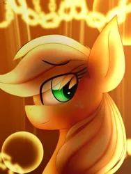 Size: 1536x2048 | Tagged: safe, artist:silviasilvar, derpibooru import, applejack, earth pony, pony, blonde, female, food, freckles, hatless, mare, missing accessory, orange, side view, smiling, smirk, solo, yellow