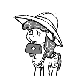 Size: 600x600 | Tagged: safe, artist:thebathwaterhero, derpibooru import, oc, oc:brandy byte, unofficial characters only, pegasus, pony, cyoa:semantic error, artificial intelligence, concerned, cyberpunk, cyoa, female, grayscale, hat, mare, medkit, monochrome, rope, solo, story included