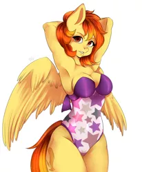 Size: 4090x4975 | Tagged: absurd resolution, anthro, anthro oc, arm behind head, armpits, artist:yukomaussi, breasts, clothes, colored pupils, curvy, derpibooru import, female, looking at you, mare, oc, oc:firetale, pegasus, simple background, solo, solo female, spread wings, suggestive, swimsuit, unofficial characters only, white background, wings