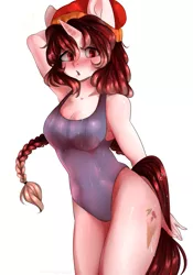 Size: 3494x5000 | Tagged: suggestive, artist:yukomaussi, derpibooru import, oc, unofficial characters only, anthro, unicorn, absurd resolution, anthro oc, armpits, beanie, breasts, clothes, female, hat, mare, one-piece swimsuit, simple background, solo, swimsuit, white background