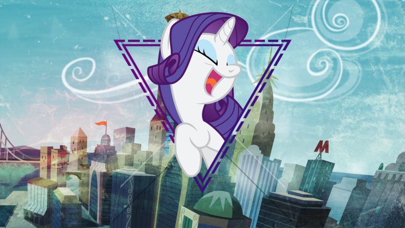 Size: 3840x2160 | Tagged: safe, artist:abion47, artist:iphstich, artist:laszlvfx, derpibooru import, edit, rarity, pony, unicorn, bridge, city, cityscape, crystaller building, eyes closed, eyeshadow, female, makeup, manehattan, mare, open mouth, pier, smiling, solo, wallpaper, wallpaper edit