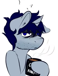 Size: 1280x1693 | Tagged: safe, artist:wickedsilly, derpibooru import, oc, oc:sleepy head, unofficial characters only, pony, unicorn, coffee, cup, grumpy, looking at you, male, simple background, solo, stallion, tired, white background