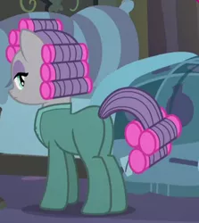 Size: 298x334 | Tagged: safe, derpibooru import, screencap, maud pie, pony, rock solid friendship, clothes, cropped, female, footed sleeper, hair curlers, mare, pajamas, plot, solo