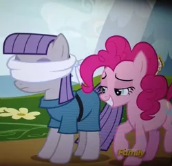 Size: 1006x966 | Tagged: safe, derpibooru import, screencap, maud pie, pinkie pie, pony, rock solid friendship, blindfold, discovery family logo, lidded eyes, youtube