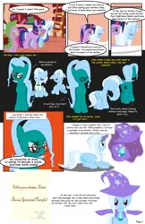 Size: 792x1224 | Tagged: safe, artist:dekomaru, derpibooru import, spike, trixie, twilight sparkle, oc, oc:hazel lulamoon, dragon, pony, unicorn, comic:the greatest gift, cape, clothes, comic, dialogue, eyes closed, female, filly, glasses, hat, lesbian, mare, mother and daughter, mouth hold, shipping, speech bubble, trixie's cape, trixie's hat, twixie, younger