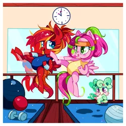 Size: 800x800 | Tagged: safe, artist:ipun, derpibooru import, oc, oc:fire strike, oc:gadget, oc:precious metal, unofficial characters only, pegasus, pony, ball, bandana, clock, clothes, female, headband, heart eyes, leotard, mare, martial arts, one-piece swimsuit, swimsuit, taekwondo, weights, wingding eyes