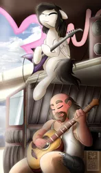 Size: 1700x2900 | Tagged: safe, artist:elmutanto, derpibooru import, oc, oc:flying melody, human, pegasus, pony, crossover, duo, duo male, flying v, greg universe, guitar, jamming out, male, steven universe, van