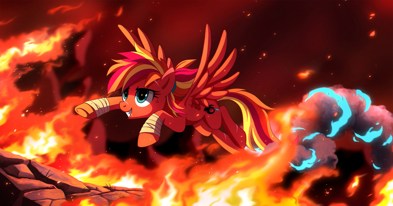 Size: 1375x720 | Tagged: safe, artist:ruhje, derpibooru import, oc, oc:fire strike, unofficial characters only, pegasus, pony, badass, bandage, commission, female, fire, flying, grin, mare, smiling, solo, spread wings, wings