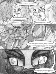 Size: 1024x1365 | Tagged: semi-grimdark, artist:tillie-tmb, derpibooru import, nightmare moon, princess celestia, oc, oc:storm sabre, pony, comic:the amulet of shades, comic, crying, crystal, monochrome, petrification, slit eyes